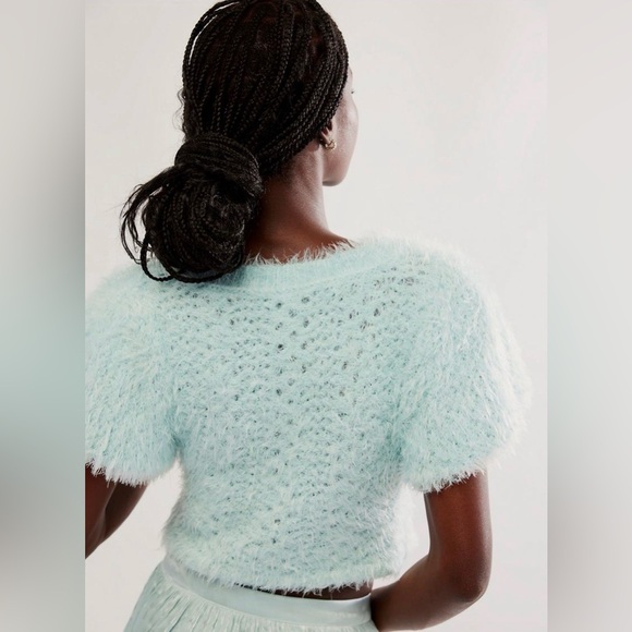 Free People Sweet Deets Pullover Short Sleeve Sweater Salt Air Combo Medium NWT - Picture 2 of 10